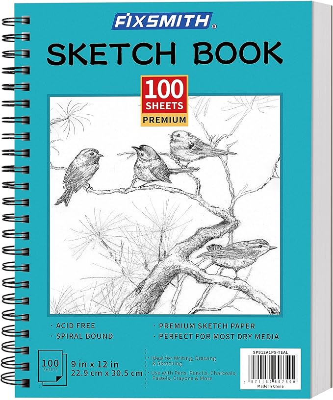 FIXSMITH 9"X12" Teal Sketch Book, 100 Sheets (68 lb/100gsm) Spiral Sketchbook, Acid Free Drawing Paper, Sketch Pad for Beginners,Artists & Professionals, Bright White