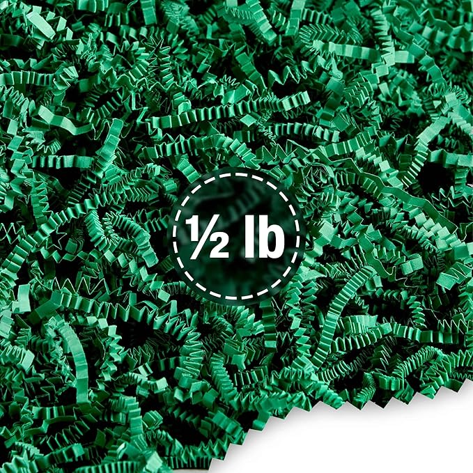 FRILLZ Crinkle Cut Paper Shred Filler for Baskets, Gifts, Packing and Protecting your Birthday, Weddings, Anniversary, Valentines Day, and other gifts (1/2 pound, Pine Green)