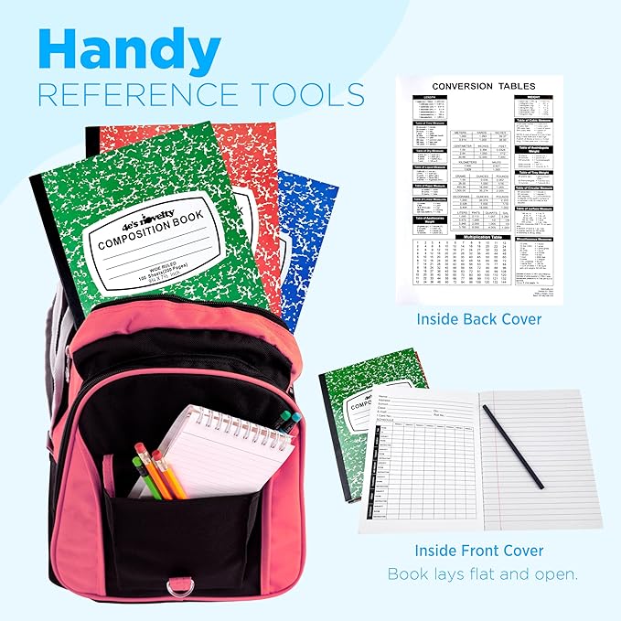4E's Novelty Wide Ruled Composition Notebooks - Pack of 3-100 Sheets 9.75" x 7.5" - Hard Cover Red Blue Green Cute Marble Colors, Bulk Compositon Book Wide Ruling, Back to School Supplies