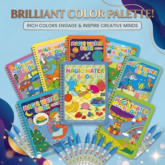 NYXTOB 8pcs Magic Water Book, Magic Water Painting Book, Paint with Water Books for Toddlers 1-3, 8 Painting Themes