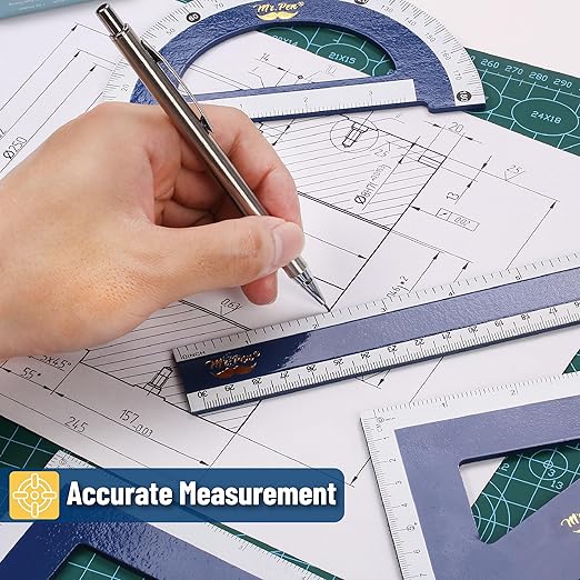 Mr. Pen- Wooden Geometry Set, 4 Pack, 8" 30°/60° Set Square, 5.5" 45°/90° Set Square, 6" Protractor & 12" Ruler for Classroom Use, Math, Drafting, Technical Drawing & Architecture