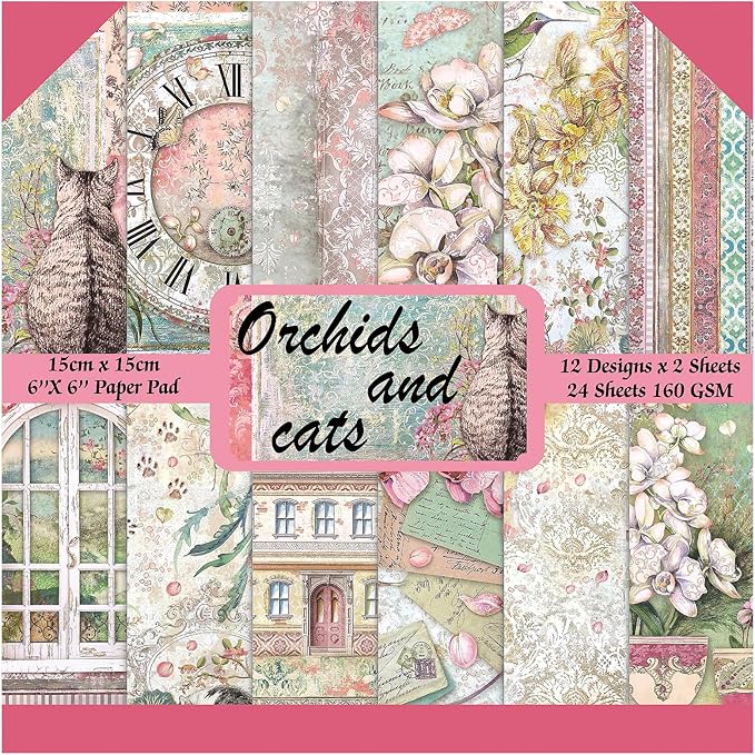 Scrapbook Paper,24 Sheets 6"x 6" Vintage Scrapbook Supplies,Single-Sided Pattern Decorative Cardstock Paper for Junk Journal,Card Making,DIY Album, Art Journaling,Decoupage Craft,Orchids and Cat
