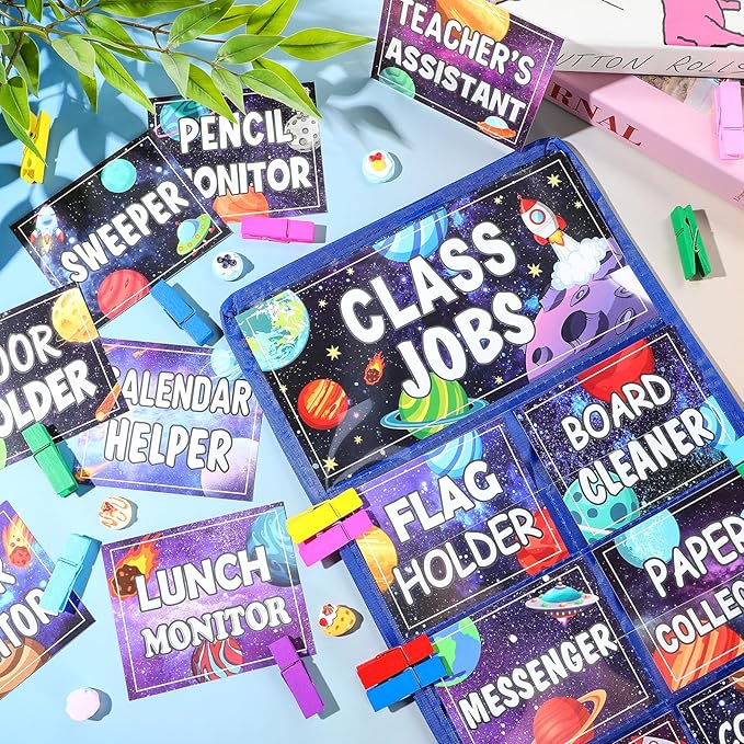 Blosssound Class Jobs Pocket Chart with 31 Cards 40 Colored Clips Classroom Teacher's Helper Management Educational Pocket Chart Bulletin Board Decorations Preschool Supplies(Outer Space)
