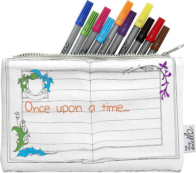 eatsleepdoodle DIY Coloring Fairy Tale Pencil Case for Kids with 10pcs Washable Markers, Reusable Art Supply Organizer, Fun Arts & Crafts Activity for Boys & Girls, Creative Gift Idea for Ages