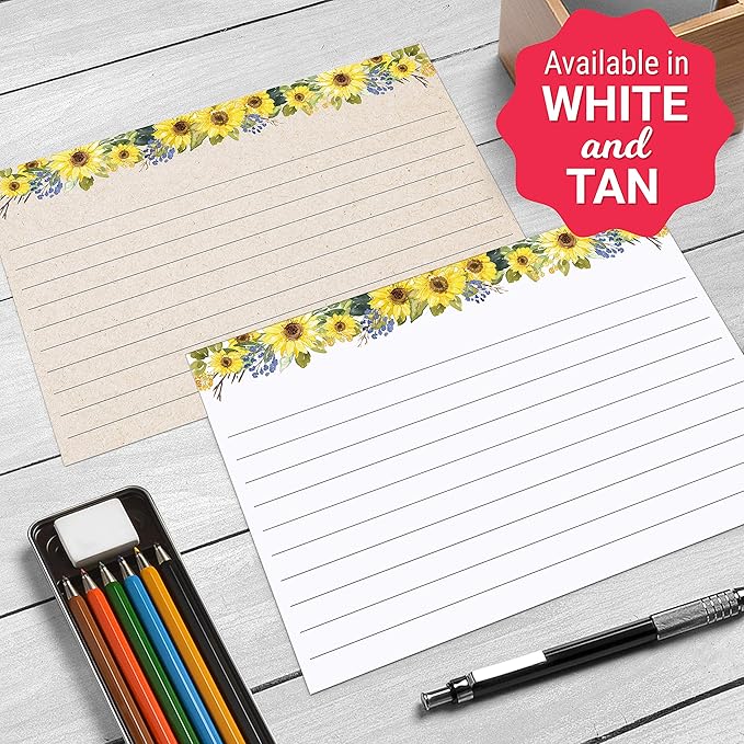 321Done Sunflower Index Cards - Made in USA - Large 4x6 (Set of 50) Rustic Kraft Tan College-Ruled Lined Notecards Double-Sided, Thick Heavy Duty Cardstock, Cute Pretty Sun Flowers Floral Ruled Lines