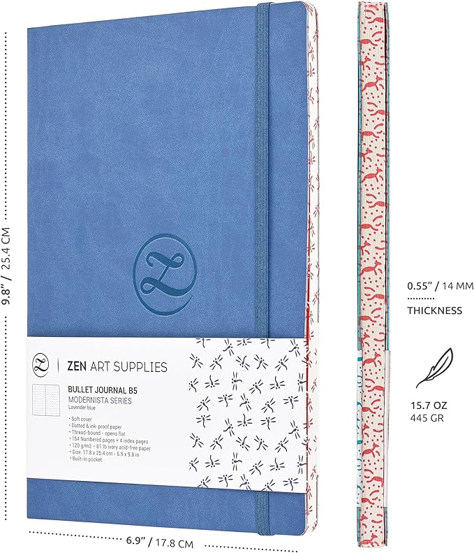 Large B5 Bullet Dotted Journal 120gsm - Premium Lay Flat Soft Cover Dot Grid Notebook - 7x10 In, 160 Pages, 2 Bookmarks, Faux Leather, Water & Scratch Resistant, Pocket, Japanese Edge Blue Dot Journal