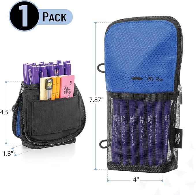 Mr. Pen- Standing Pencil Case Pouch, Sit & Lay Mesh-View Design, Black & Blue, Interior Pocket & 2 Elastic Binder Loops, Cute Pencil Case for Girls and Boys