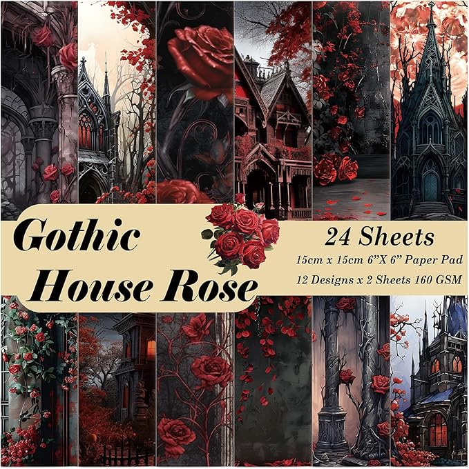 Scrapbook Paper,24 Sheets 6"x 6" Vintage Scrapbook Supplies,Single-Sided Pattern Decorative Cardstock Paper for Junk Journal,Card Making,DIY Album, Art Journaling,Decoupage Craft,House Rose