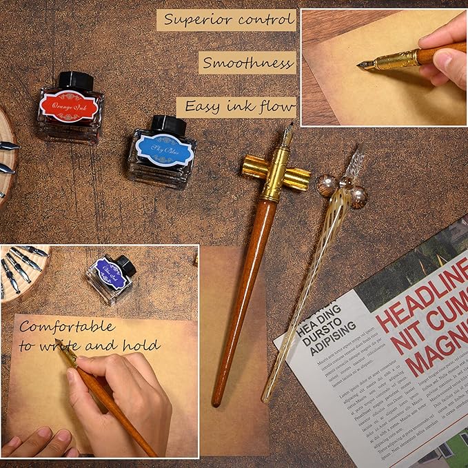 Calligraphy Pen Set，Vintage Fountain Wooden Glass Dip Pen Ink Writing Pen with 8 Colors of Ink 10 Types of Replaceable Nibs 2 Pen Holders Exquisite Present for Beginners
