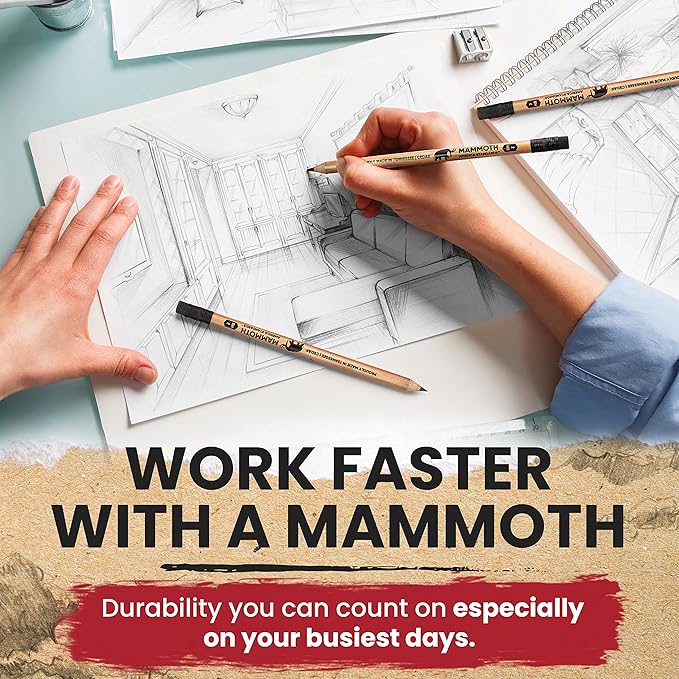 Mammoth Jumbo Pencils - 12 Pack, American-Made Cedar Pencils for Preschoolers, Kids, Carpenters, Handymen, People with Hand Issues, Comfortable Grip, Break-Resistant Graphite Core, Smudge-Free Eraser