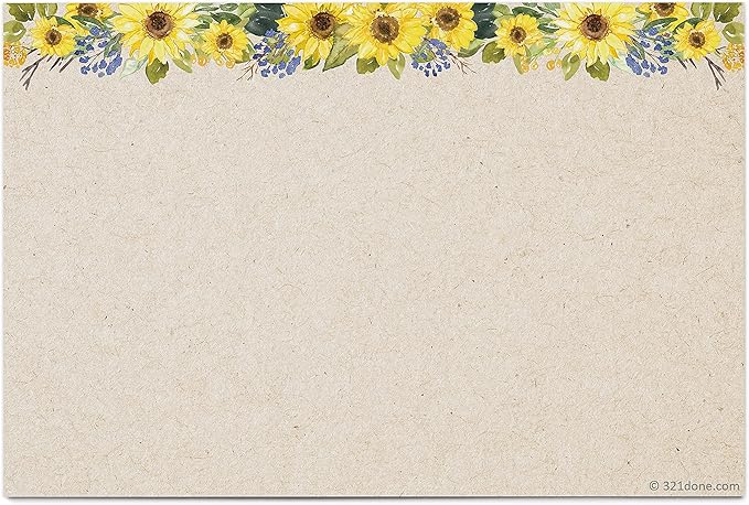 321Done Floral Sunflower Index Cards - (50) 4x6 Cards Kraft - Blank, No Lines - For Studying, Learning, Flashcards, Desk Notes, Messages, Notecards, Card Making - Cute, Pretty, Fancy - Made in USA