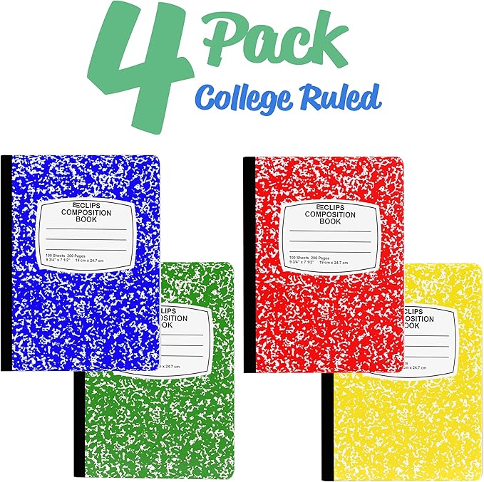 Composition Notebook College Ruled Composition Notebooks Bulk Marble Hard Cover Wide Ruled Notebook Paper Note Books For Schools Marble Composition Books 100 Sheets 200 Pages 9.75” x 7.25” (4 Pack, Multi Color)
