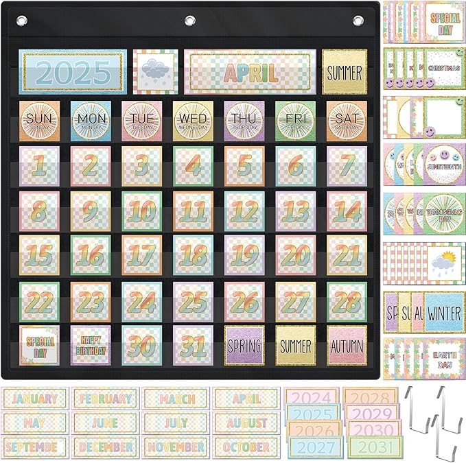 119 Pcs Classroom Calendar Pocket Chart Black Monthly Bulletin Board Set Seasons Festival Weather Farmhouse Calendar Set for Classroom Decoration Back to School Supplies(Pastel Checkerboard)