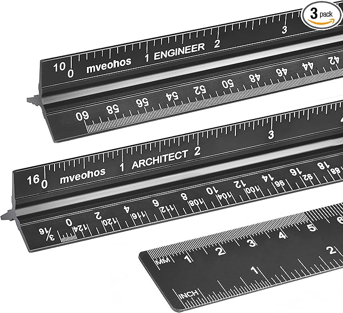 Architectural&Engineering Triangular Scale Ruler, 12 Inch Architectural Scale Ruler Set, Laser-Etched Aluminum with Stainless Steel Ruler for Architects, Students, Draftsman, Engineers (3 PCS)