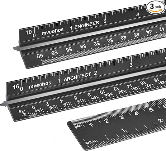 Architectural&Engineering Triangular Scale Ruler, 12 Inch Architectural Scale Ruler Set, Laser-Etched Aluminum with Stainless Steel Ruler for Architects, Students, Draftsman, Engineers (3 PCS)