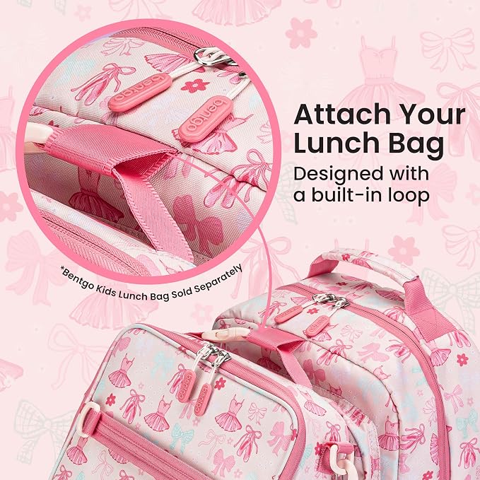 Bentgo Kids Print Backpack - Lightweight 14” Backpack for School, Travel & Daycare, Ideal for Ages 4+, Durable & Water-Resistant, Roomy Interior, & Loop for Lunch Bag (NEW Ballet & Bows)