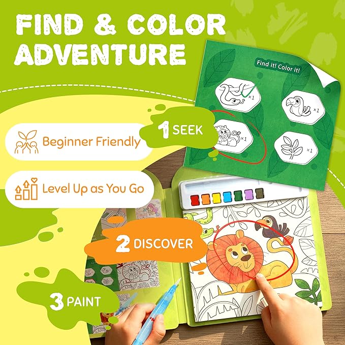 JoyCat Find & Color Paint with Water Coloring Books for Toddlers, Educational Seek and Find, No Mess Art & Craft Toy, Fun Learning Activity for Kids Ages 3-5 4-8, Gift for Girls Boys (Animals)