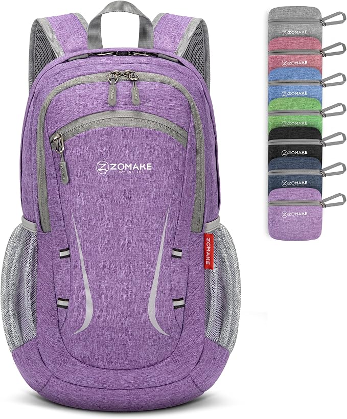 ZOMAKE Lightweight Packable Backpack, 20L Small Foldable Daypack for Hiking | Water Resistant Collapsible Backpacks for Women Men, Everyday Carry, Multi Compartment Storage,Adjustable Strap(Light Purple)