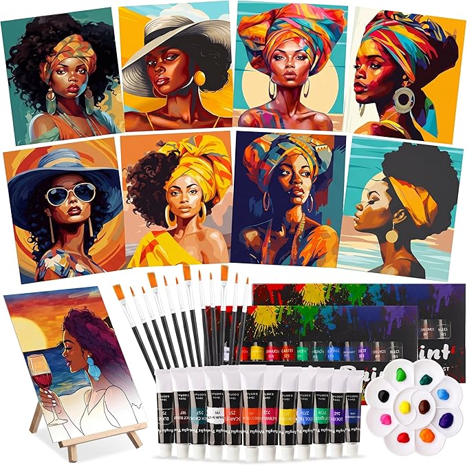 Cholemy 36 Pcs Paint and Sip Kit for Adults 8''x10'' Pre Drawn Canvas for Painting DIY Afro Acrylic Painting Kit Wood Easel Brushes Date Night Bulk for Father's Day Party Gifts(African Women)
