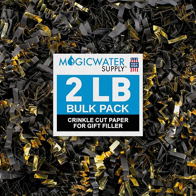 MagicWater Crinkle Cut Paper for Gift Baskets - 2LB - Black & Gold - Perfect for Shredded Paper Filler, Basket Filler, Gift Boxes, Bridesmaid Gifts, Christmas Stuffers & More – Ideal for All Occasions