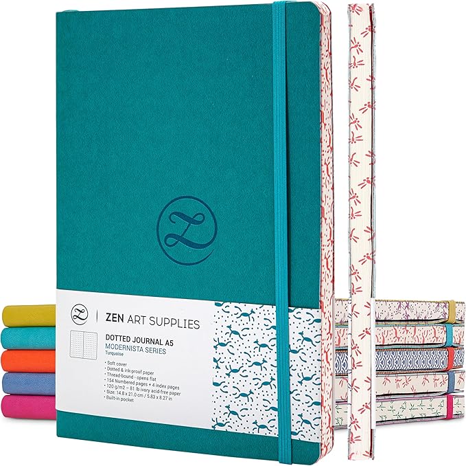 ZenART Supplies A5 Bullet Journal - Enjoy Bullet Journaling with a Soft Cover, Non-Bleed Thick 120gsm Paper with Japanese Edge Motif - Turquoise Faux Leather Lay Flat Dot Notebook