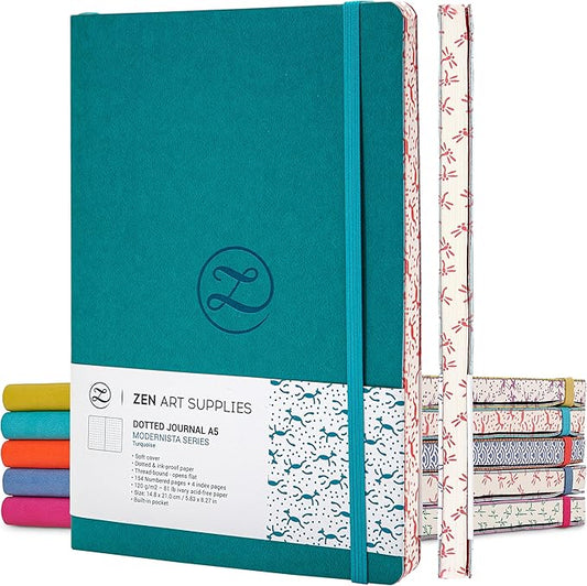 ZenART Supplies A5 Bullet Journal - Enjoy Bullet Journaling with a Soft Cover, Non-Bleed Thick 120gsm Paper with Japanese Edge Motif - Turquoise Faux Leather Lay Flat Dot Notebook