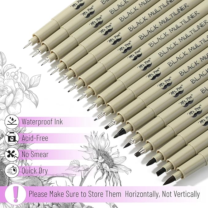 Mr. Pen- Drawing Pens for Artists, 16 Sizes, Black Multiliner, Micro Pens for Drawing