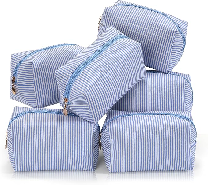 Makeup Bag Set for Women, 6PCS Travel Cosmetic Bags Pencil Case, Striped Seersucker Toiletry Organizer Pouches, Cute Makeup Pouch for Purse, Accessories and Gifts, Blue