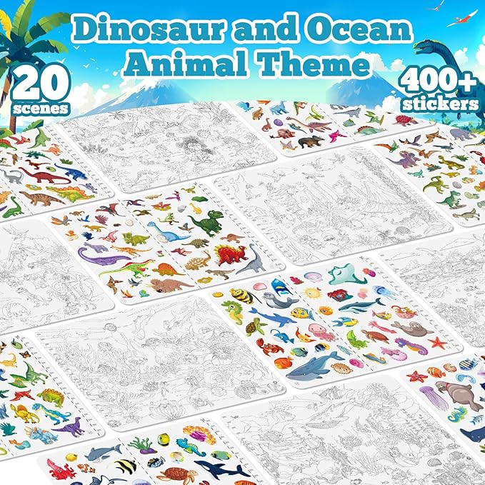 Kalysky Dinosaur and Ocean Animal Scene Sticker Book for Kids Ages 4-8, Search and Find Sticker Activity Book–Travel Toys for Toddlers, Airplane & Road Trip Games, Educational Fun