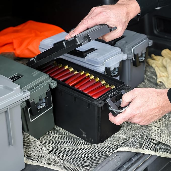 Sheffield 12772 4-Pack Ammo Storage Box, Stackable .30 Cal Field Boxes, Water and Dust Resistant, Lockable Storage Box with Handle, Secures Hunting Gear, Supplies, and Bullets, Made in USA, Black