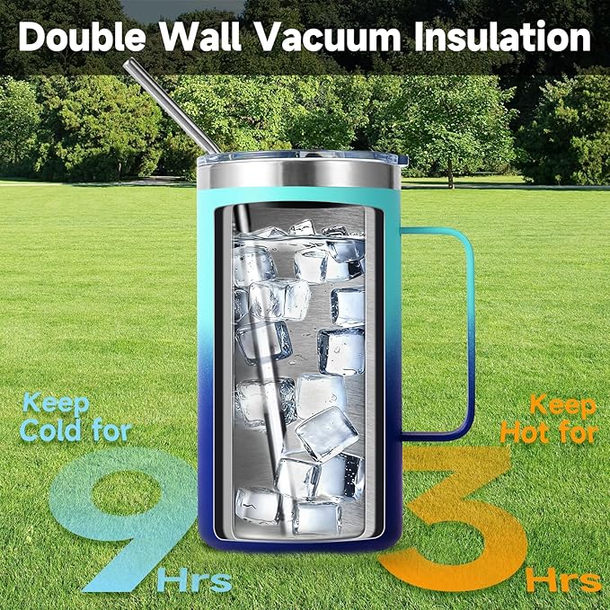Volhoply 22oz Insulated Stainless Steel Coffee Mug with Leakproof Lid,Double Wall Vacuum Travel Coffee Cup with Handle,Reusable Metal Tumbler,Camping Mugs Keep Hot&Cold(Green Blue,1)