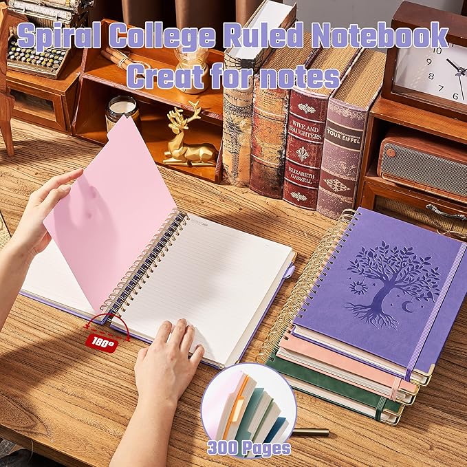 Ovesmusl Hardcover Spiral Notebook 8" x 10" with 5 Removable Dividers 300 Pages Leather 5 Subject Notebook College Ruled 100GSM Large Spiral Notebooks for Work Thick Lined Journal for Women, Purple
