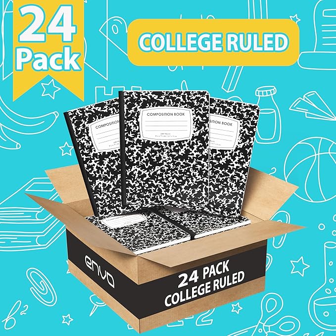 ENVO Composition Notebooks, College Ruled Composition Notebook, Black Marble Covers Composition Notebook, 100 sheets (24 Pack, College Ruled)