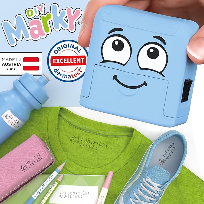 COLOP Marky Personalized Kids Name Stamp, Suitable for All Surfaces, Blue | Permanent Waterproof Clothing & Fabric Labeling, Clothing Stamp For Kids, Schools, & Daycare, Includes Labels and Thermo Tape