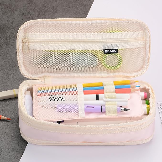 Large Capacity Canvas Pencil Case Organizer Holder Pouch Bag with Zipper Compartments, Pen Cases for Women Girls School Adults (Pink)