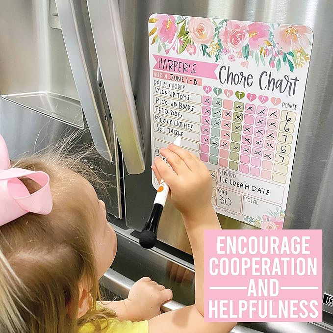 Hadley Designs Magnetic Chore Chart for Kids – Reward Chart for Kids, Dry Erase Responsibility Board for Children at Home, Fridge Behavior Tracker for Daily & Weekly Tasks, Floral Toddler Chore Board