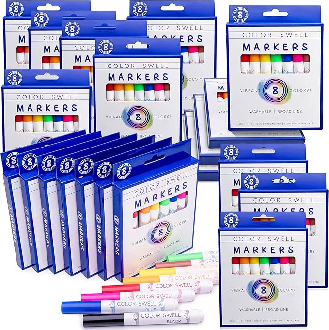 Color Swell Washable Bulk Markers - 20 Boxes of 8 Vibrant Colors (160 Total) Perfect for Kids, Parties, Classrooms - Broad Line Markers