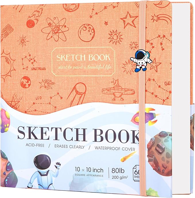 FLYING EAGLE Sketch Book for Kids 10"X 10" Large Hardcover Sketchbook for Drawing 120GSM Thick Paper, Square Art Drawing Paper 120 Pages Sketch Pad for Girls Teens,Gift Boxed, Orange