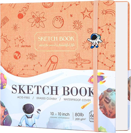FLYING EAGLE Sketch Book for Kids 10"X 10" Large Hardcover Sketchbook for Drawing 120GSM Thick Paper, Square Art Drawing Paper 120 Pages Sketch Pad for Girls Teens,Gift Boxed, Orange