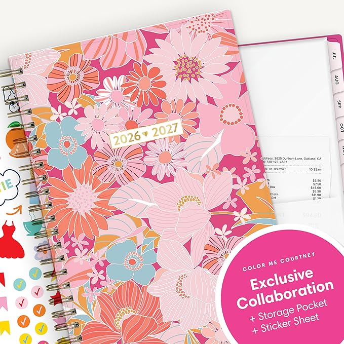 Blue Sky Color Me Courtney 2026-2027 Weekly and Monthly Academic Year Planner Calendar, July 2026 - June 2027, 5" x 8", Flexible Cover, Wirebound, Laminated Tabs, Storage Pocket, Includes Stickers, Bloom Pink