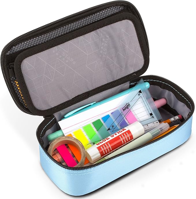 Five Star Pencil Pouch, Pen Case, High-Capacity Zipper Pouch, Storage Organizer for School Supplies Earbuds Chargers Cables Makeup, Blue/Denim (500212F-ECM) (Pack of 12)