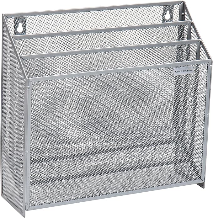 Mind Reader Vertical File Storage, Desktop Organizer, Wall Mount, Office, Metal Mesh, 12.5" L x 3.75" W x 11.5" H, Silver (Pack of 4)
