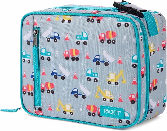 PackIt Freezable Classic Lunch Box, Construction Trucks | Built-in ice packs, EcoFreeze+ Technology, Zip Closure, Zip front pocket, Side-release buckle handle, Collapsible, Reusable