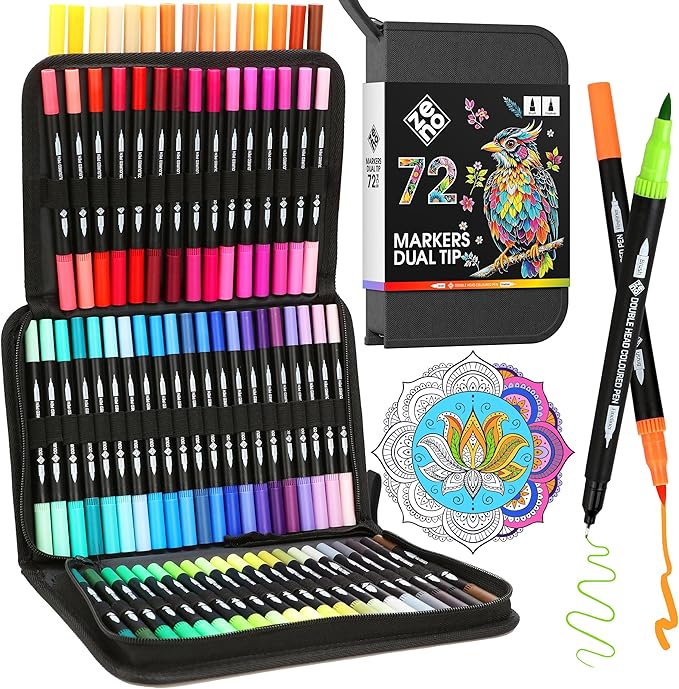 ZENO 72 Dual Tip Markers Set-B with Case – No-Bleed Art Markers for Adults – Fine & Brush Tips - Watercolor Pens for Artists, Journaling, and Creative Projects