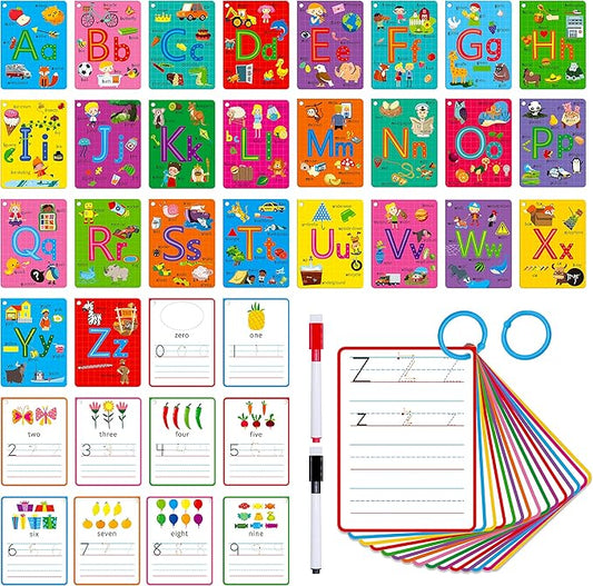31 PCS Alphabet Flash Cards, Double-Sided Printing Dry Erase Letters Sight Words and Number Learning Cards Letter Tracing Practice Cards for Preschool, Kindergarten (2 Reclosable Rings & 2 Markers)