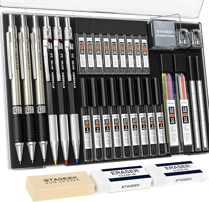 STAGEEK Mechanical Pencil Set with Case 34 Count, Drawing Pencils 0.5, 0.7, 0.9MM & 3PCS 2MM Sketching Pencils with 384PCS Lead Refills (6B 4B 2B HB 2H 4H Color) for Artist Drafting Drawing Writing