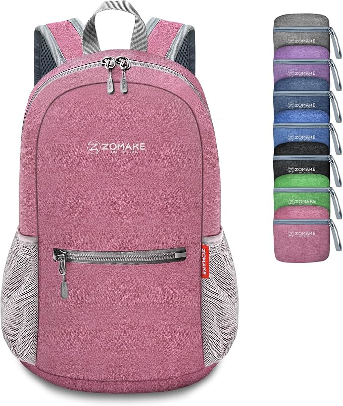 ZOMAKE Lightweight Packable Backpack, 10L Small Foldable Daypack for Hiking | Water Resistant Collapsible Backpacks for Women Men, Everyday Carry, Multi Compartment Storage, Adjustable Strap(Pink A5)