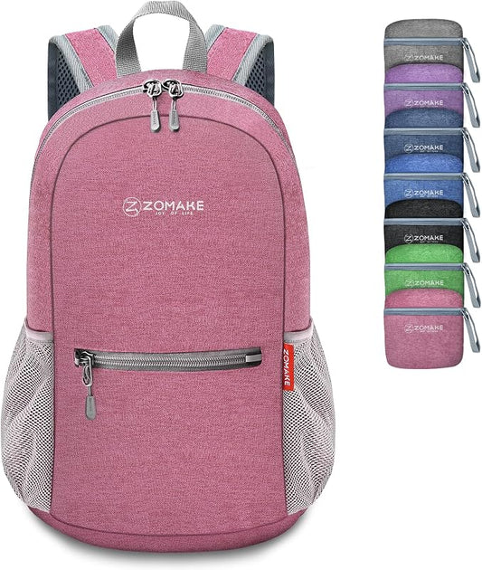 ZOMAKE Lightweight Packable Backpack, 10L Small Foldable Daypack for Hiking | Water Resistant Collapsible Backpacks for Women Men, Everyday Carry, Multi Compartment Storage, Adjustable Strap(Pink A5)