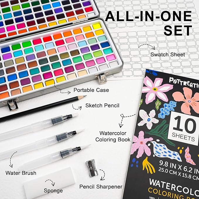 168 Solid Watercolor Paint Set with Brushes and Blank Coloring Book, Archival Art Supplies for Professionals - Christmas, Birthday, Artist Present