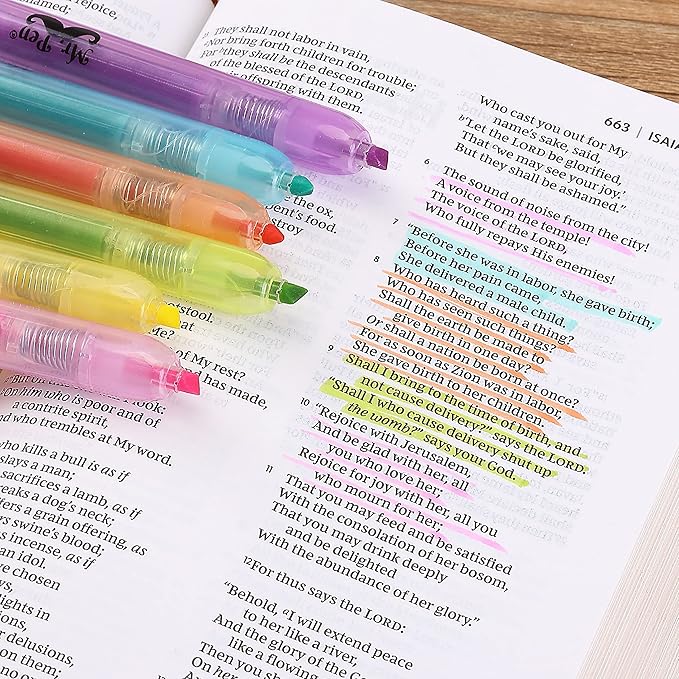 Mr. Pen- Retractable Highlighters, 6 Pack, Pastel Colors, Chisel Tip Highlighter Marker Set, Click Highlighter Markers for Classroom, Journaling, Study Supplies, No Bleed On Standard Pages